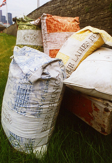 Captured & Escaped, 1995, detail (seed bags, cart)