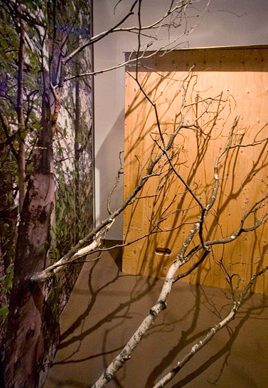 Vagabond Vitrine, 2010, birch branches and mural at the back side of vitrine